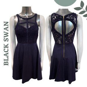 Black Swan Navy Fit & Flare Dress with Sheer & Lace Detail | Open Back | Small